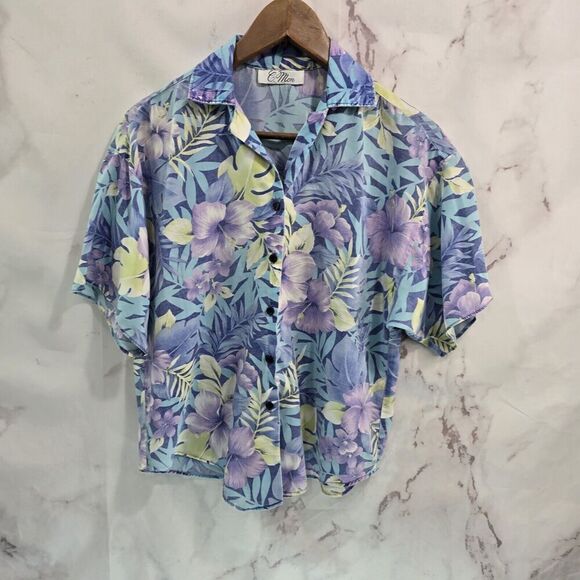 Vintage Shirt Womens Medium 90s Blue Purple Floral Button Up Short Sleeve Camp - Picture 1 of 9